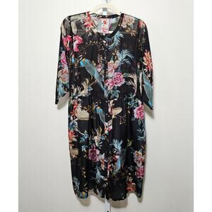 JOHNNY WAS Betty Silk Tropical Print 3/4 Sleeve Semi Sheer Boho Dress Sz XS